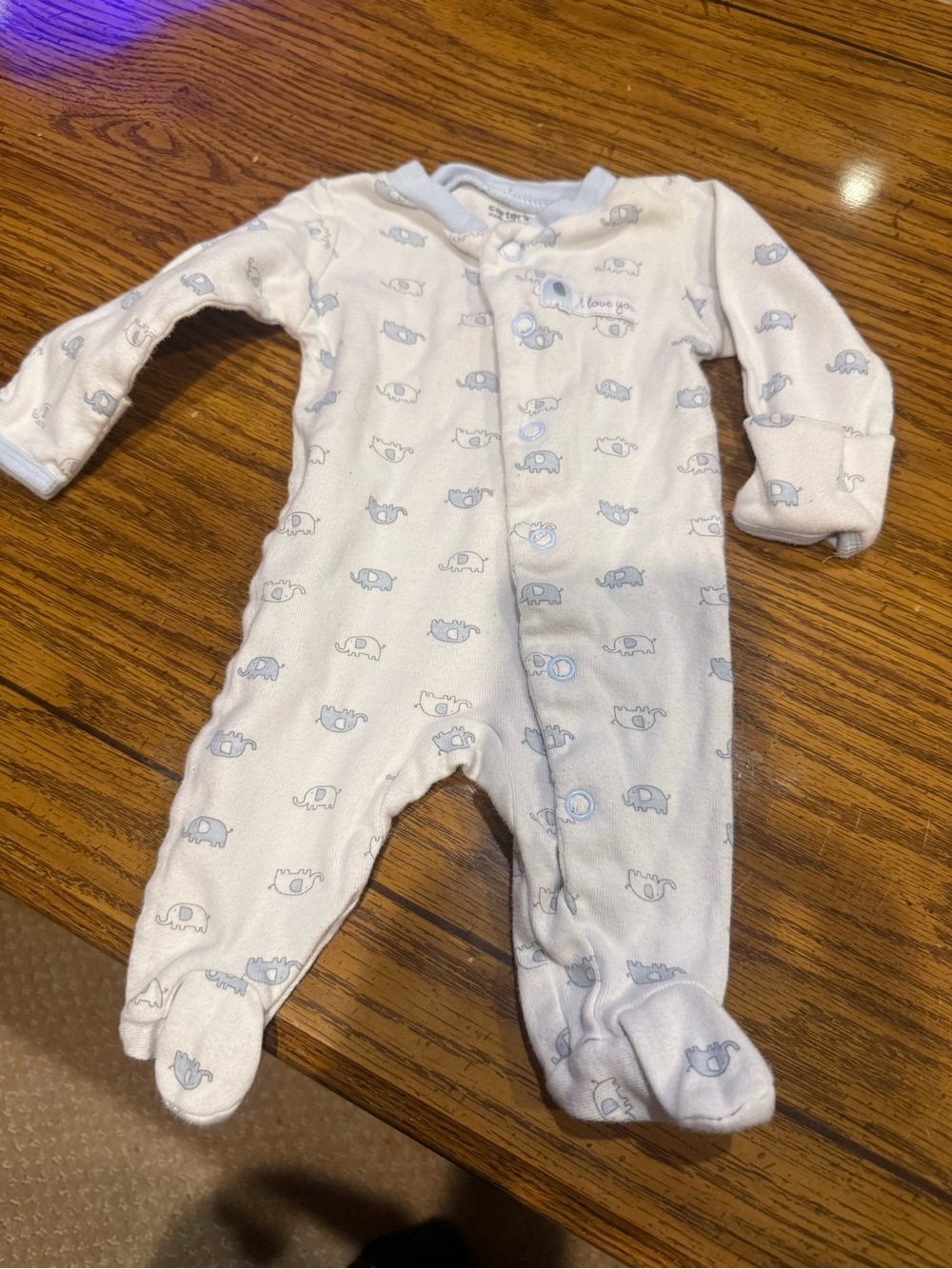 6 for $10 Baby Footed One-Piece Pajamas in Light Blue Elephant Print